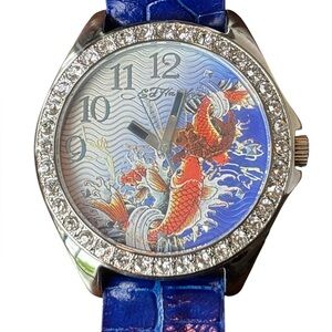 Ed Hardy Koi Fish Crystal Bezel Watch Blue Leather Band SL-K10694